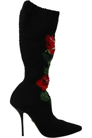 Dolce & Gabbana Heeled Boots, female, , Size: 9 1/2 US Elegant Sock Boots with Red Roses Detail