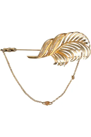 Dolce & Gabbana Brooches, female, , Size: ONE SIZE Gold Leaf Crystal Chain Brooch