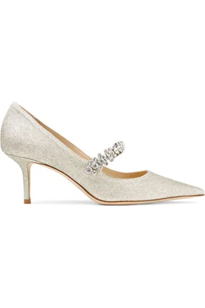 Jimmy Choo Pumps, female, , Size: 10 US Ivory Satin Block Heel Sandals with Crystal Chain