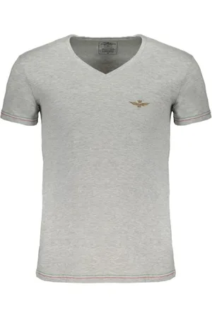 Aeronautica Militare T-Shirts, male, , Size: M Grey Cotton V-Neck T-Shirt with Print