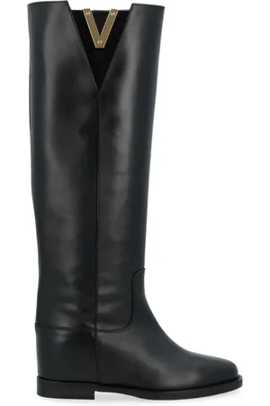 Via Roma High Boots, female, , Size: 6 US Leather Boot with Gold Metal V Detail