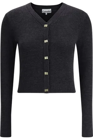 Ganni Cardigans, female, , Size: L Logo Button Merino V-Neck Cardigan