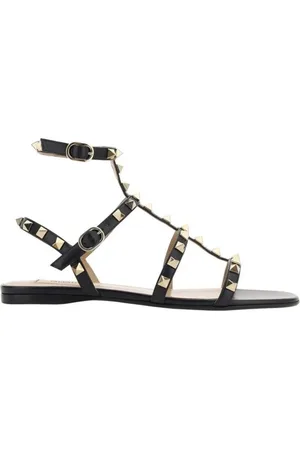 VALENTINO GARAVANI Flat Sandals, female, , Size: 6 US Studded Leather Sandals with Ankle Strap