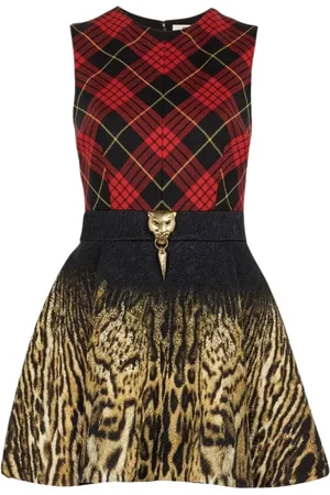 Roberto Cavalli Short Dresses, female, , Size: XS Tartan Ocelot Mini Dress Panther Tiger