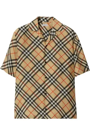 Burberry Short Sleeve Shirts, male, , Size: XL Check Pattern Silk Camp Collar Shirt