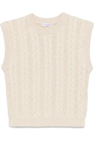 Brunello Cucinelli Round-neck Knitwear, female, , Size: L Dazzling Double Cable Knitted Cotton Waistcoat