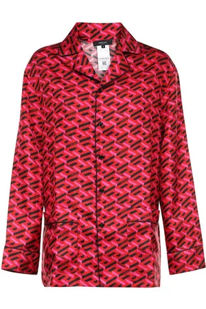 VERSACE Shirts, female, , Size: L Silk Pajama Blouse with All-Over Print