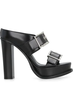 Alexander McQueen Heeled Mules, female, , Size: 7 US Silver Buckle Leather Platform Sandals