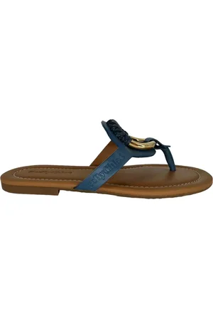 See by Chloé Flip Flops, female, , Size: 6 US Denim Leather Sandal with Gold Ring Detail