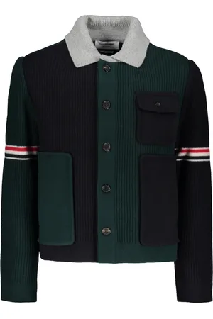 Thom Browne Cardigans, male, , Size: 2XL Wool Cardigan with Tricolor Details