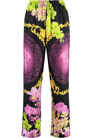 VERSACE Straight Trousers, female, , Size: M Floral Silk Pajama Pants