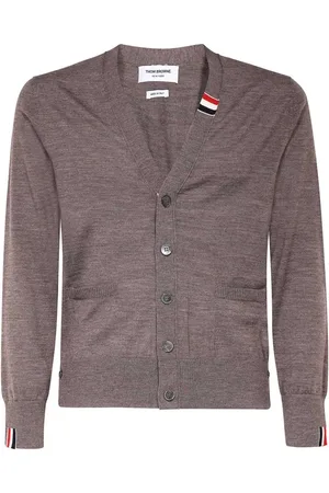 Thom Browne Cardigans, male, , Size: XL Wool Cardigan with Tricolor Detail