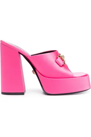 VERSACE Heeled Mules, female, , Size: 9 US Sandals Fuchsia