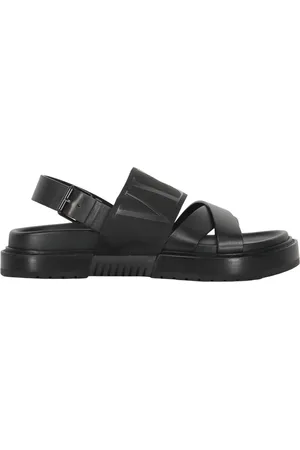 VALENTINO GARAVANI Flat Sandals, male, , Size: 6 1/2 US Logo Detail Leather Slippers with Buckle