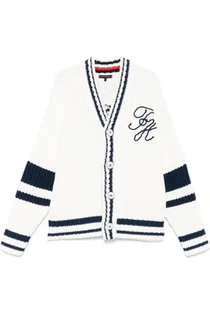 Tommy Hilfiger Cardigans, male, , Size: M Ecru Ribbed V-Neck Sweater