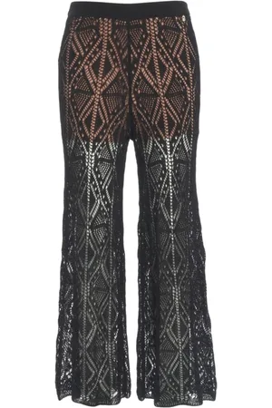 Liu Jo Wide Trousers, female, , Size: M Black Crochet Flared Trousers with Rhinestones