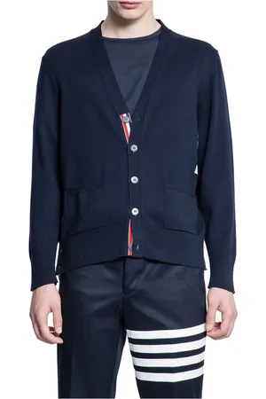 Thom Browne Cardigans, male, , Size: M Navy V-Neck Cardigan in Cotton