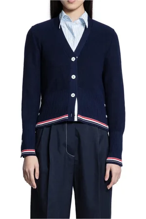 Thom Browne Cardigans, female, , Size: M Textured Stitch V-Neck Cardigan with Striped Trim