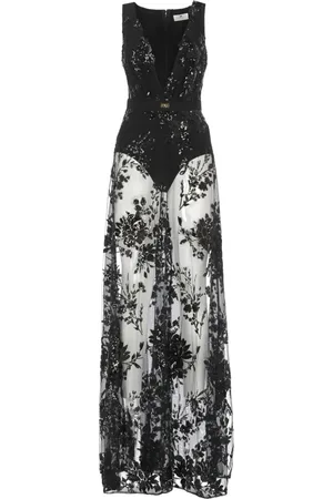 Elisabetta Franchi Gowns, female, , Size: S V-Neck Sleeveless Dress with Tulle and Paillettes