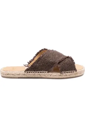 Castaner Sliders, female, , Size: 11 US Metallic Linen Slip-On Sandals with Frayed Details