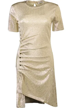 Paco rabanne Short Dresses, female, , Size: M Draped Lurex Dress Metallic Gold