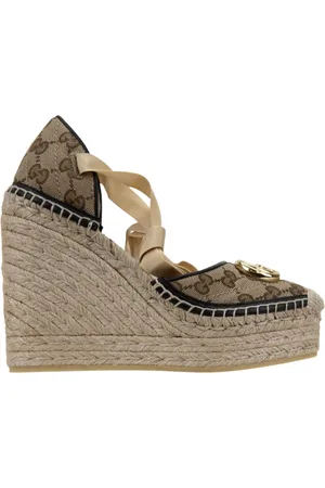 Gucci Wedges, female, , Size: 9 1/2 US Leather Logo Espadrilles Lace-Up Shoes