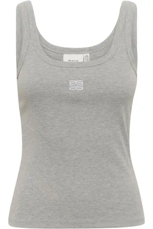 Gestuz Sleeveless Tops, female, , Size: M Cropped Logo Top in Grey Melange