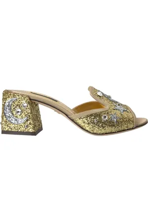 Dolce & Gabbana Heeled Mules, female, , Size: 8 US Gold Sequin Leather Heels Sandals