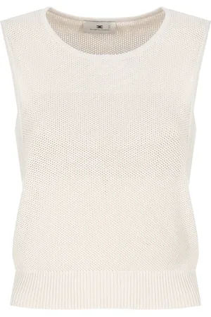 Elisabetta Franchi Round-neck Knitwear, female, , Size: M Perforated Sleeveless Ivory Sweater