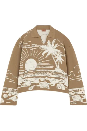 Alanui V-neck Knitwear, female, , Size: M Khaki Intarsia Knit Polo Sweater