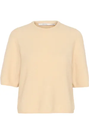 Gestuz Round-neck Knitwear, female, , Size: S Soft Tee with Half Sleeves in Butter Yellow Melange