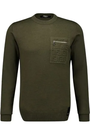 Fendi Round-neck Knitwear, male, , Size: 2XL Wool Emboss Pullover in Loden