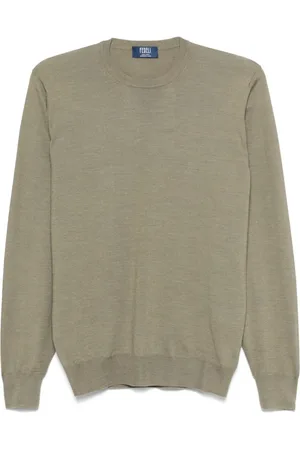 FEDELI Round-neck Knitwear, male, , Size: XL Olive Crew Neck Sweater