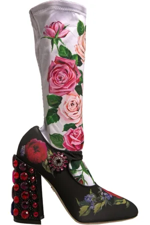 Dolce & Gabbana Heeled Boots, female, , Size: 8 US Black Floral Crystal Boots Jersey Shoes