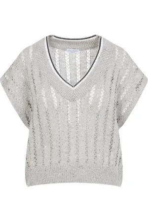 Brunello Cucinelli V-neck Knitwear, female, , Size: XS Beige V Neck Knit Gilet