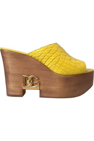 Dolce & Gabbana Wedges, female, , Size: 6 1/2 US Leather Wood Wedge Slide Sandals