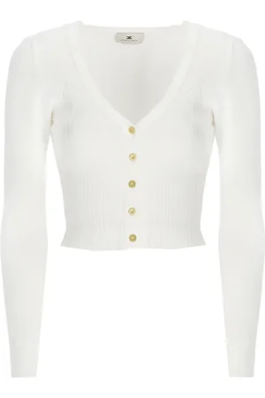 Elisabetta Franchi Cardigans, female, , Size: S Ivory V-Neck Cardigan Sweater