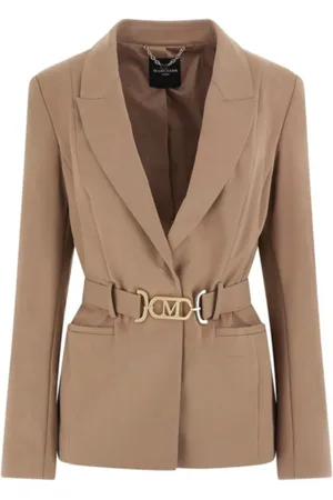 Guess Blazers, female, , Size: XL Taupe Blazer with Belt and Gold Buttons