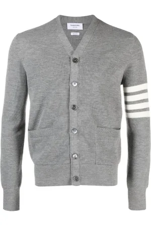 Thom Browne Cardigans, male, , Size: XL Waffle Stitch V-Neck Cardigan Light Grey