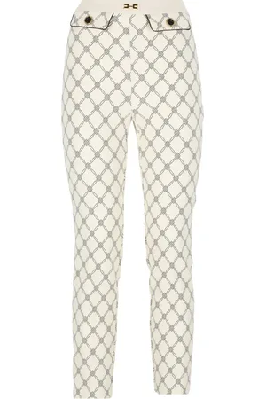 Elisabetta Franchi Skinny Trousers, female, , Size: M Ivory Crêpe Pants with Logo Buttons
