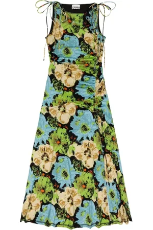 Ganni Maxi Dresses, female, , Size: S Multicolour Ruched Detailing Dress with Side Slit