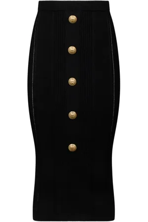 Balmain Midi Skirts, female, , Size: M Knit Midi Skirt with Lion Buttons