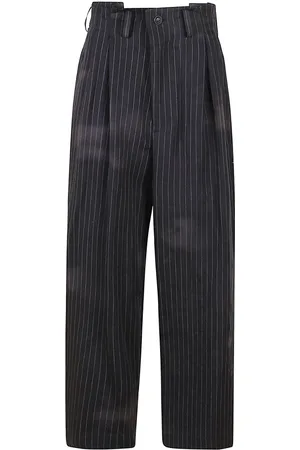 YOHJI YAMAMOTO Straight Trousers, female, , Size: M Grey Linen Cotton Striped Pants