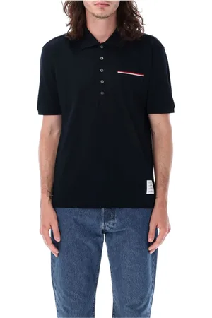 Thom Browne Polo Shirts, male, , Size: XL Navy Polo Shirt with Stripe Detail