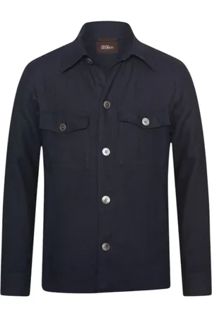 Oscar Jacobson Light Jackets, male, , Size: L Navy Linen Overshirt Regular Fit