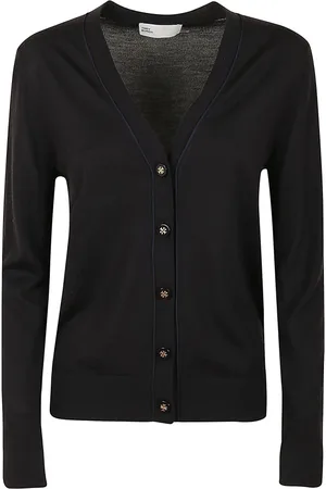 Tory Burch Cardigans, female, , Size: L Wool Silk Cardigan with Contrast Piping