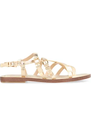 Michael Kors Flat Sandals, female, , Size: 7 US Metallic Leather Sandals with Gold Buckles