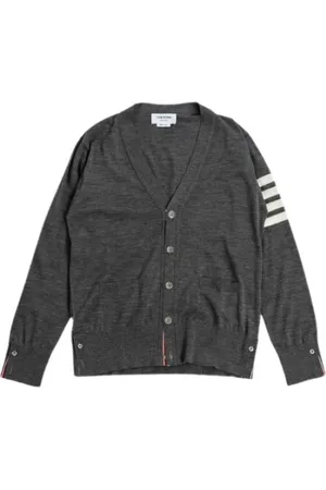 Thom Browne Cardigans, male, , Size: 2XL Grey Wool Cardigan with Tricolor Stripes