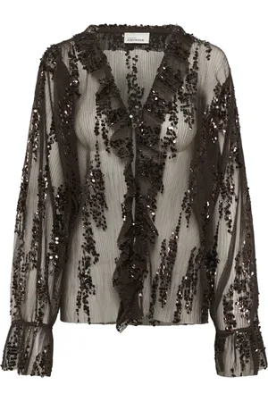 Karen by Simonsen Shirts, female, , Size: L Mesh Blouse with Sequins and Ruffles
