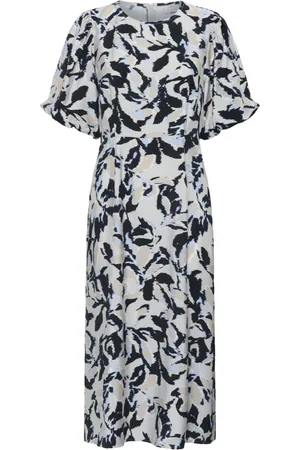 Kaffe Midi Dresses, female, , Size: M Leaf Print Dress in Beige/Black/Blue